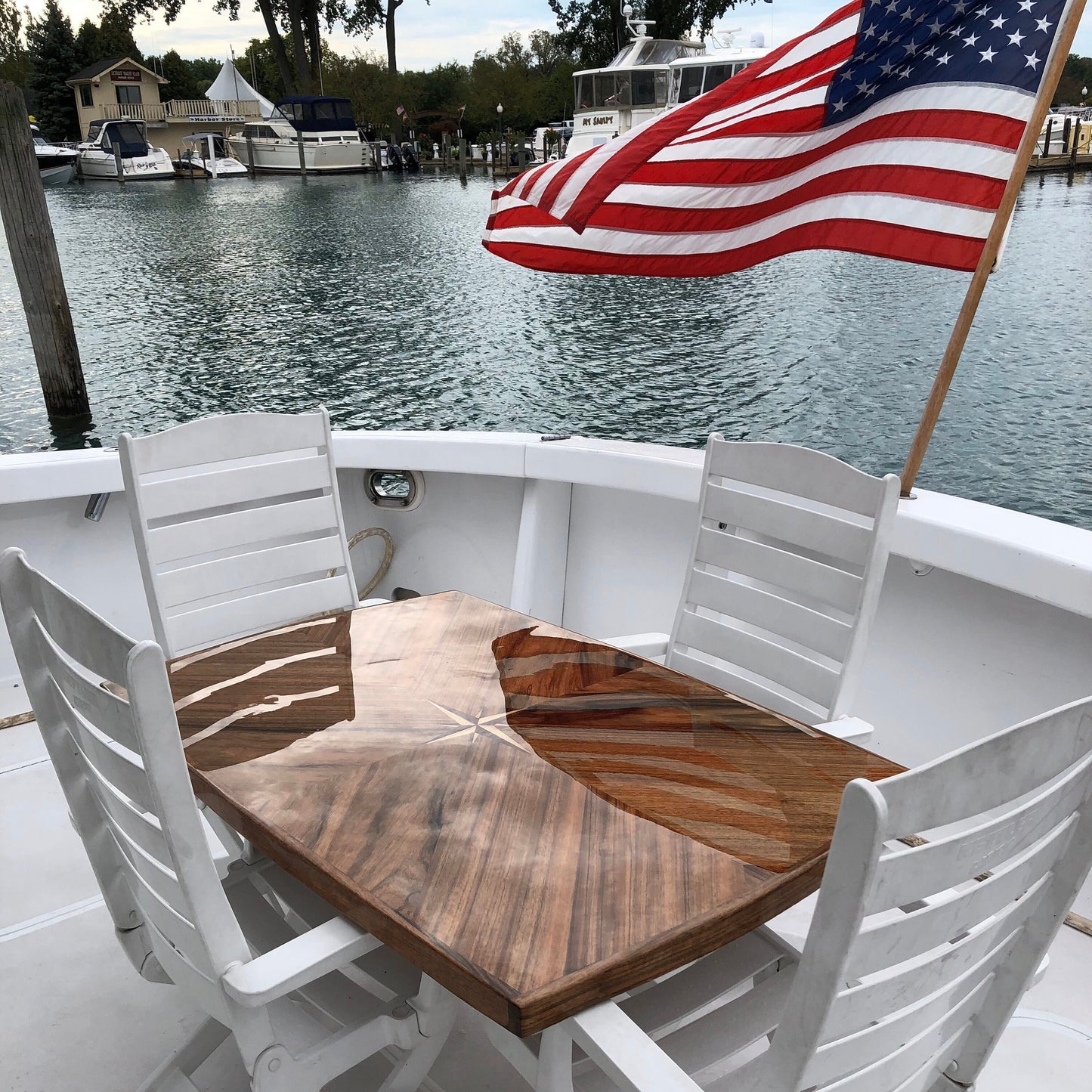 Teak Boat Table with Compass Rose Inlay