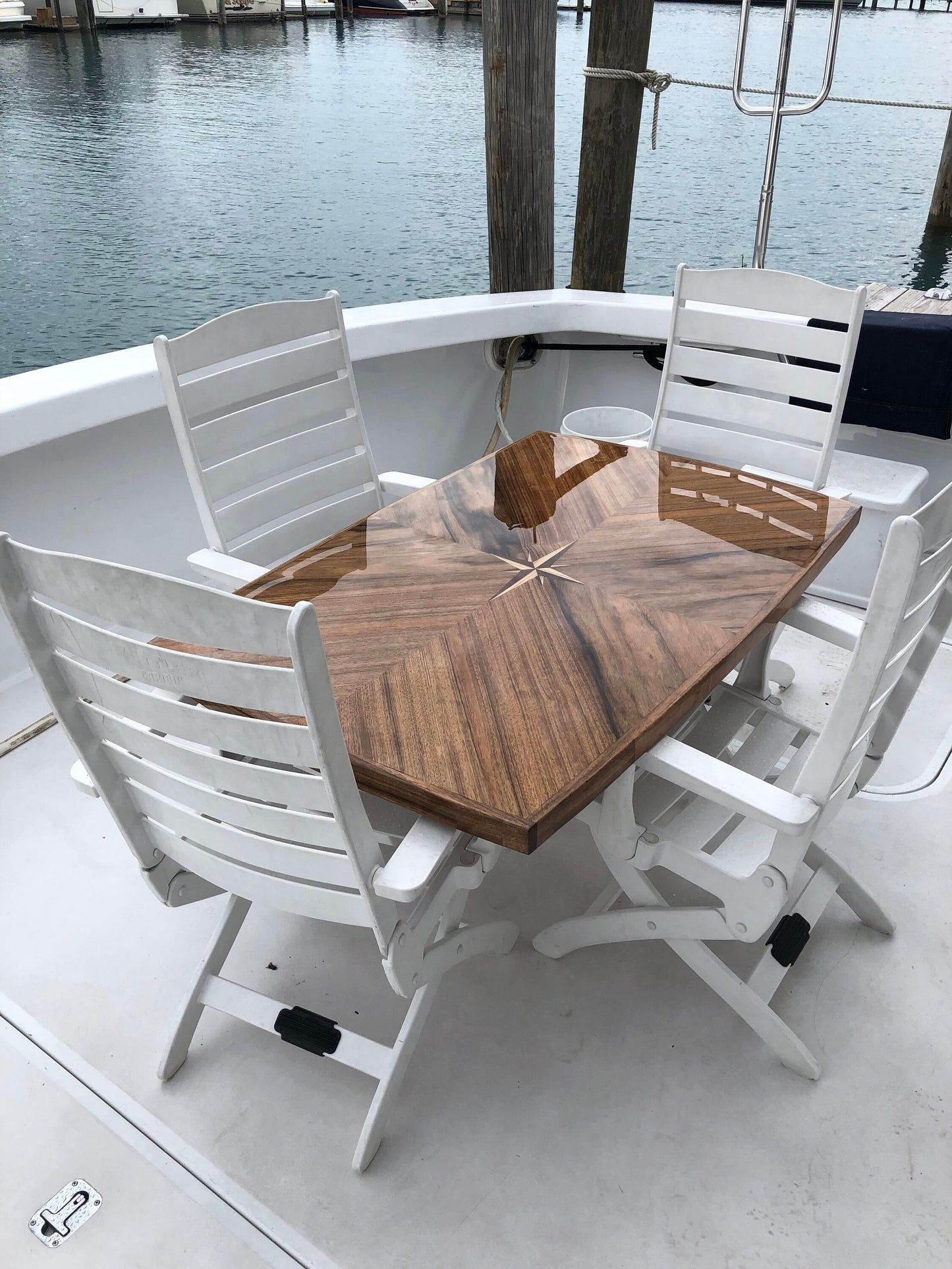Teak Boat Table with Compass Rose Inlay