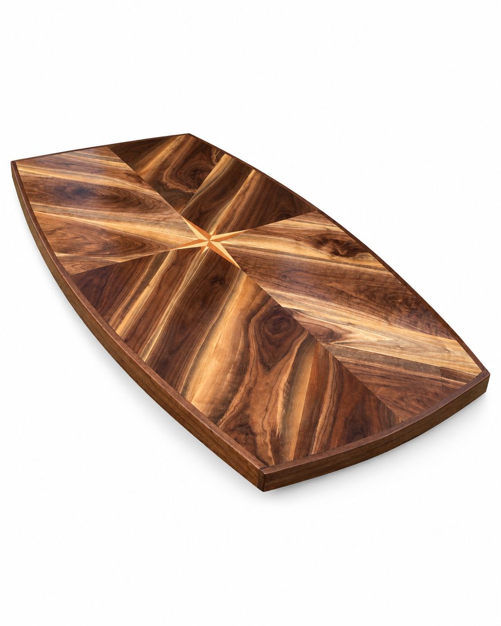 Studio-style illustration of a walnut boat tabletop with a compass rose inlay on a white background