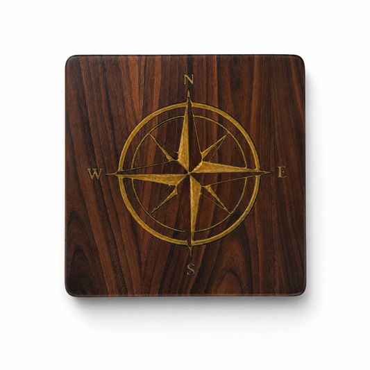 Black Walnut cutting board with gold compass rose resin inlay