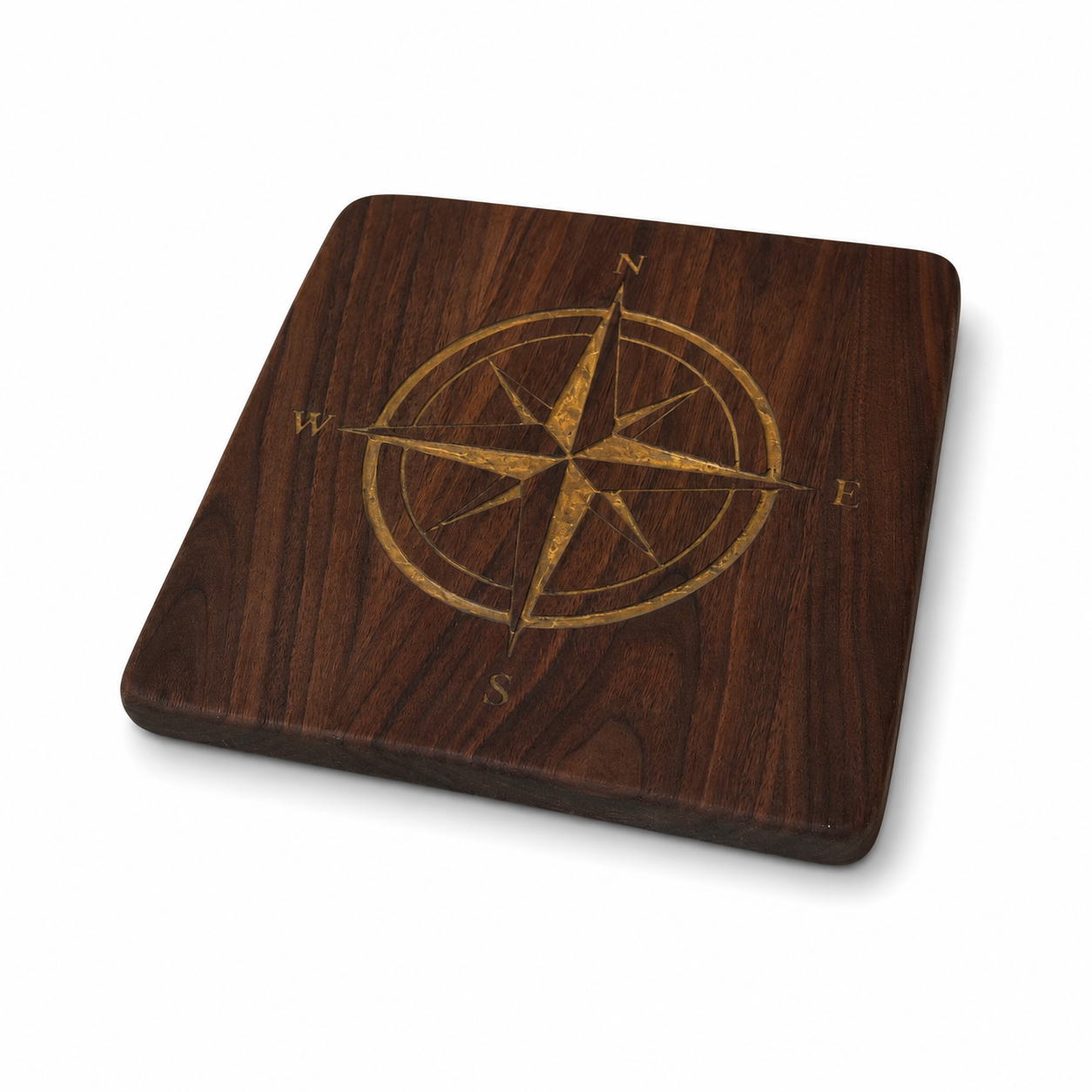 Black Walnut cutting board with gold compass rose resin inlay