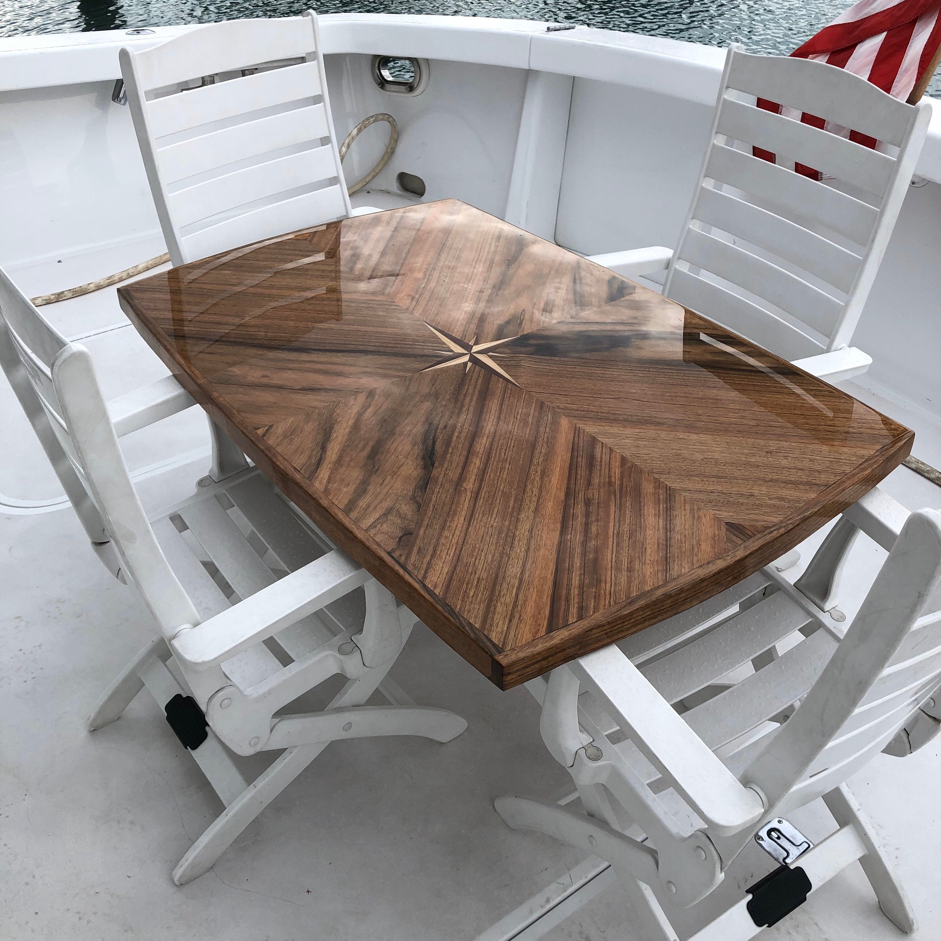 Teak Boat Table with Compass Rose Inlay – Michigan Boat Tables